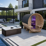 4-6 Person Electric Rock Heater Outdoor Barrel Panoramic Cedar Sauna with 1-Person White Cold Plunge & Built-in Chiller