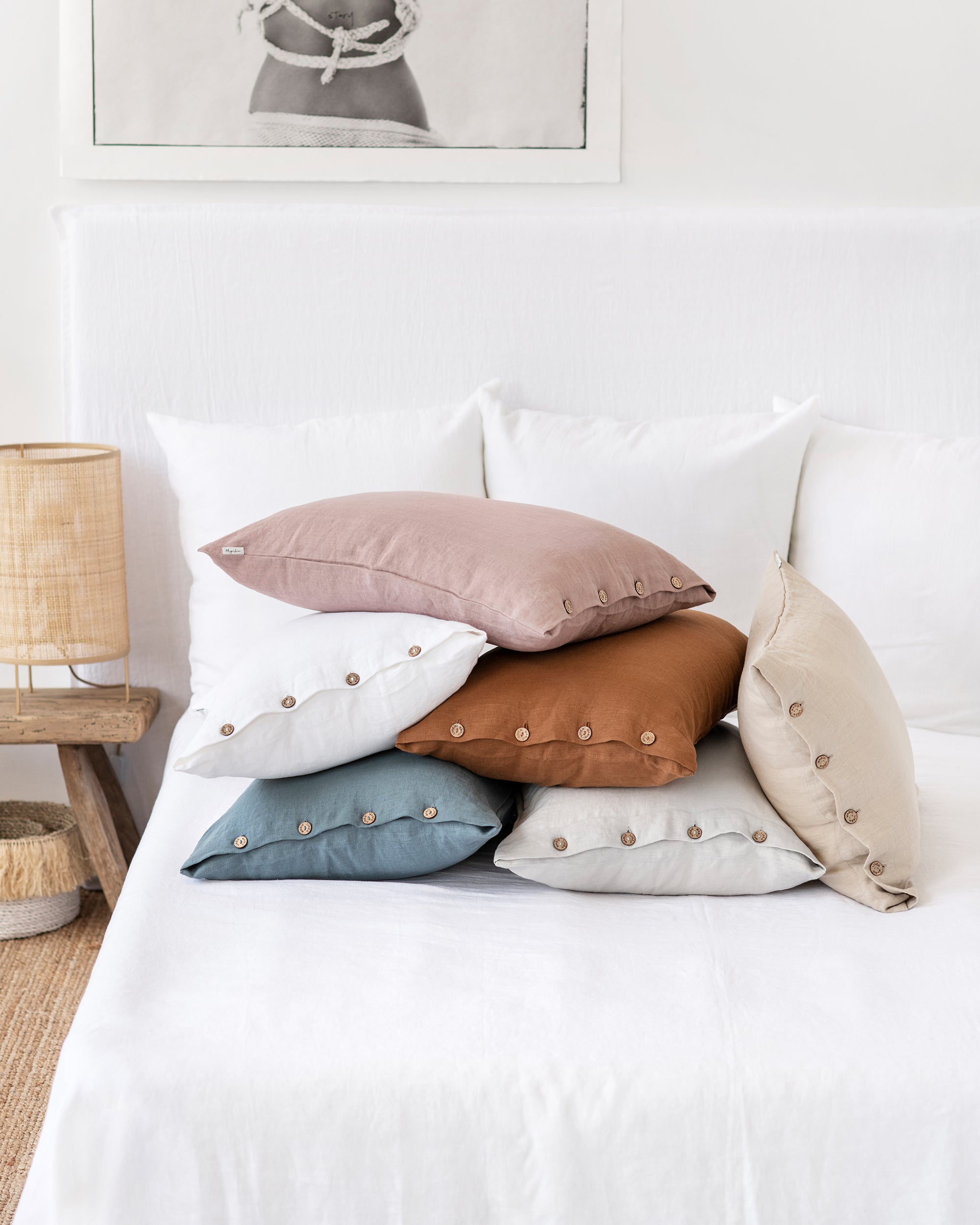 Linen pillowcase with buttons in Blue melange