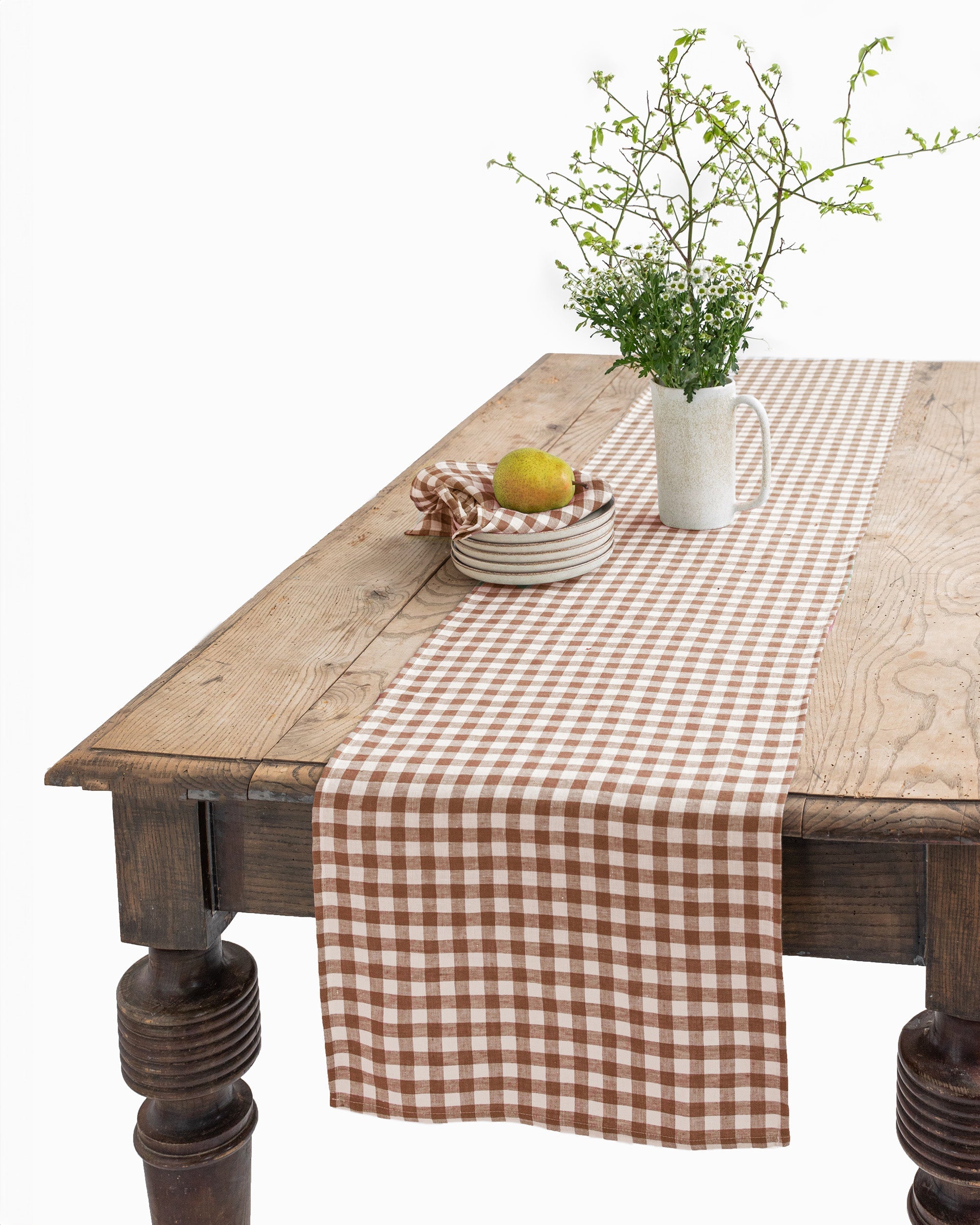 Linen table runner in Cinnamon gingham