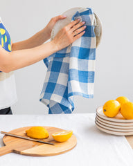 Linen tea towel in Cobalt blue gingham