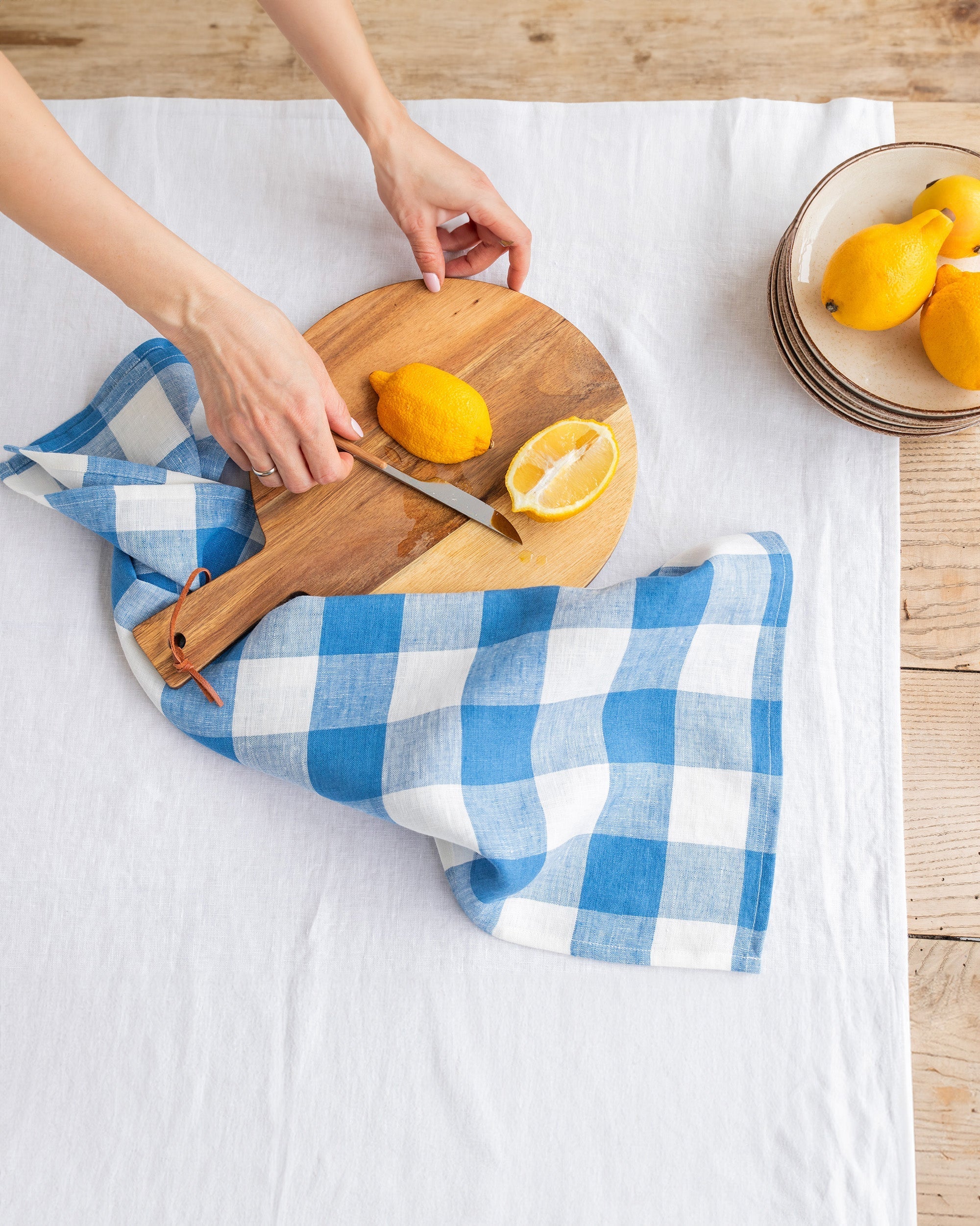 Linen tea towel in Cobalt blue gingham