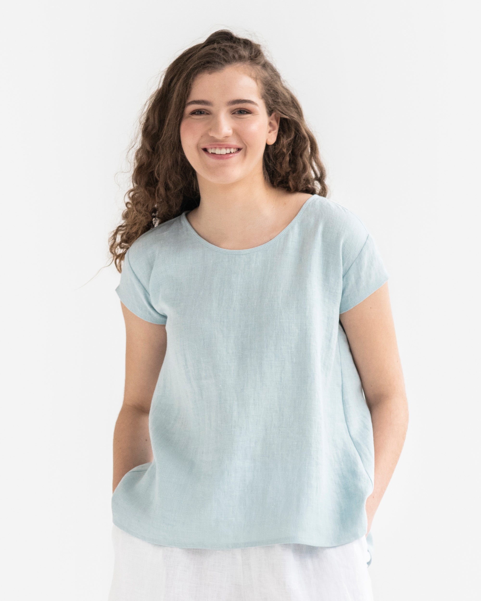 Loose fit linen top TAHOE in dusty blue