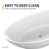 Ala Series 74 in. x 34 in. Flat Bottom Solid Surface Freestanding Soaking Bathtub with Center Drain in Matte White