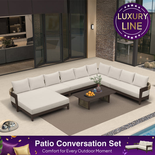 PURPLE LEAF Tuscany U-Shaped Patio Conversation Set with Removable Cushions and Pillows Bronze Aluminum Frame Outdoor Couch Sets for Porch Yard Garden