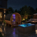 4-6 Person Electric Rock Heater Outdoor Barrel Panoramic Cedar Sauna with 1-Person Blue Cold Plunge & Built-in Chiller