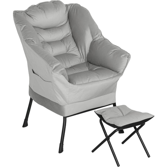 HOMCOM Lazy Chair and Ottoman Set, Fabric Upholstered Accent Chair with Side Pockets, for Living Room, Bedroom, Light Gray