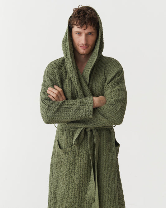 Men's waffle linen robe in Forest green