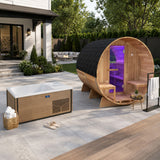 4-6 Person Electric Rock Heater Outdoor Barrel Panoramic Cedar Sauna with 1-Person Chestnut Cold Plunge & 1-Hp Chiller
