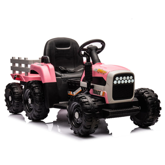 24V Battery Powered Electric Toy with 3-Speed Adjustable and Remote Control, Ride-On Tractor with Trailer, USB, MP3, LED Lights, Pink