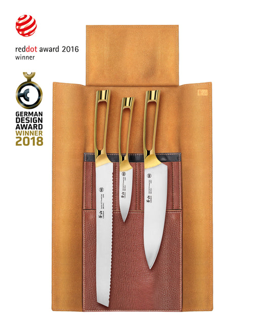 N1 Series 4-Piece Leather Roll Knife Set, Gold Plated Handle, Forged German Steel, 62618