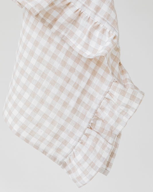 Ruffle trim linen tea towel in Natural gingham