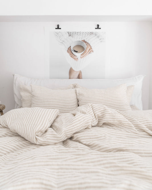 Striped in natural linen flat sheet