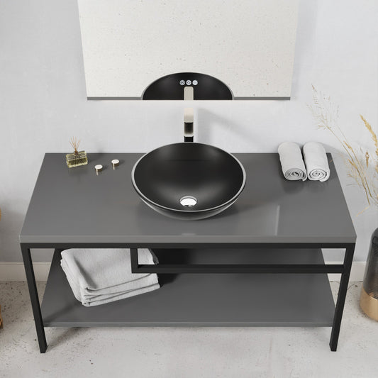 Amalfi Series 17 in. L x 17 in. W Round Bathroom Vessel Sink in Matte Black Finish Glass with Chrome Pop-Up Drain