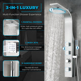 Sans Series 40 in. 3-Jetted Full Body Shower Panel Tower in Brushed Steel with Heavy Rain Showerhead and Spray Wand