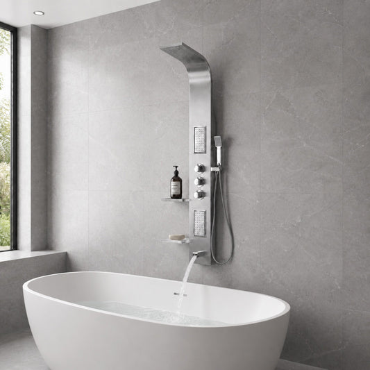 FIELD Series 58 in. 2-Jetted Full Body Shower Panel System with Heavy Rain Shower and Spray Wand in Brushed Steel
