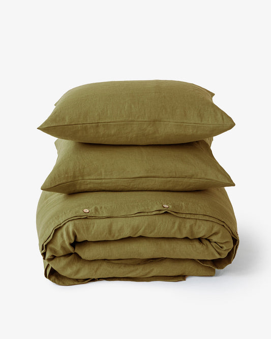 Olive green linen duvet cover set (3 pcs)