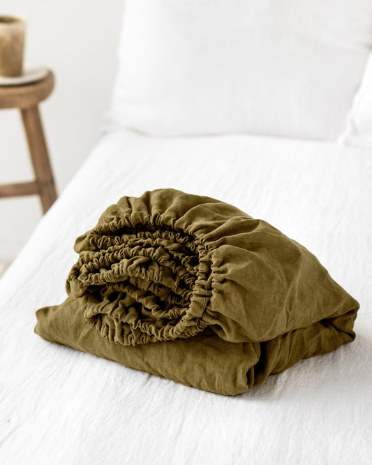 Olive green linen fitted sheet