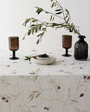 Olive orchard print on white linen tablecloth