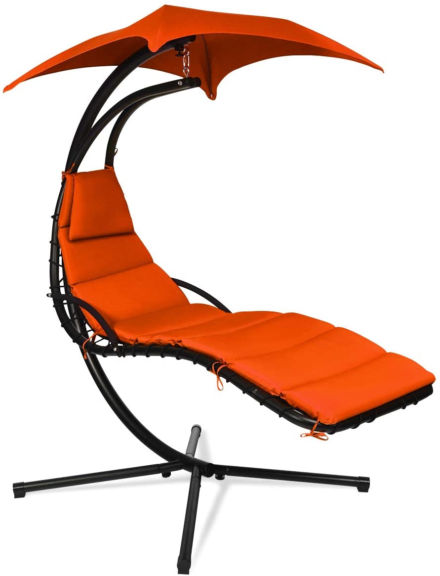 Hanging Chaise Lounge, Arc Stand Floating Hammock Swing Chair w/ Canopy and Built-in Pillow