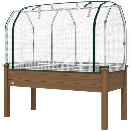 Outsunny Raised Garden Bed with PE Greenhouse Cover Outdoor Elevated Wood Planter Box for Herbs and Vegetables, Use for Patio, Backyard, Balcony, 48 x 22 x 46 inch, Brown
