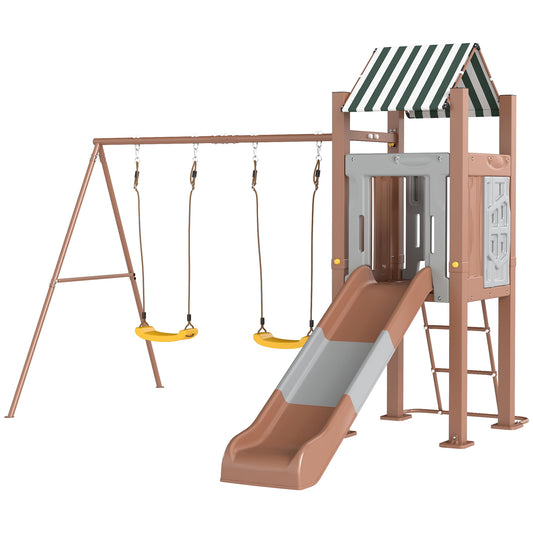 Qaba Kids Swing Set with 6 FT Slide, 2 Adjustable Swings, Fort with Canopy, Ladder, Ground Stakes for Ages 3-8, Brown
