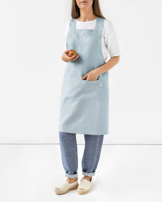 Pinafore cross-back linen apron in Dusty blue