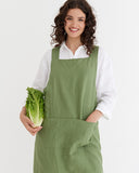 Pinafore cross-back linen apron in Forest green