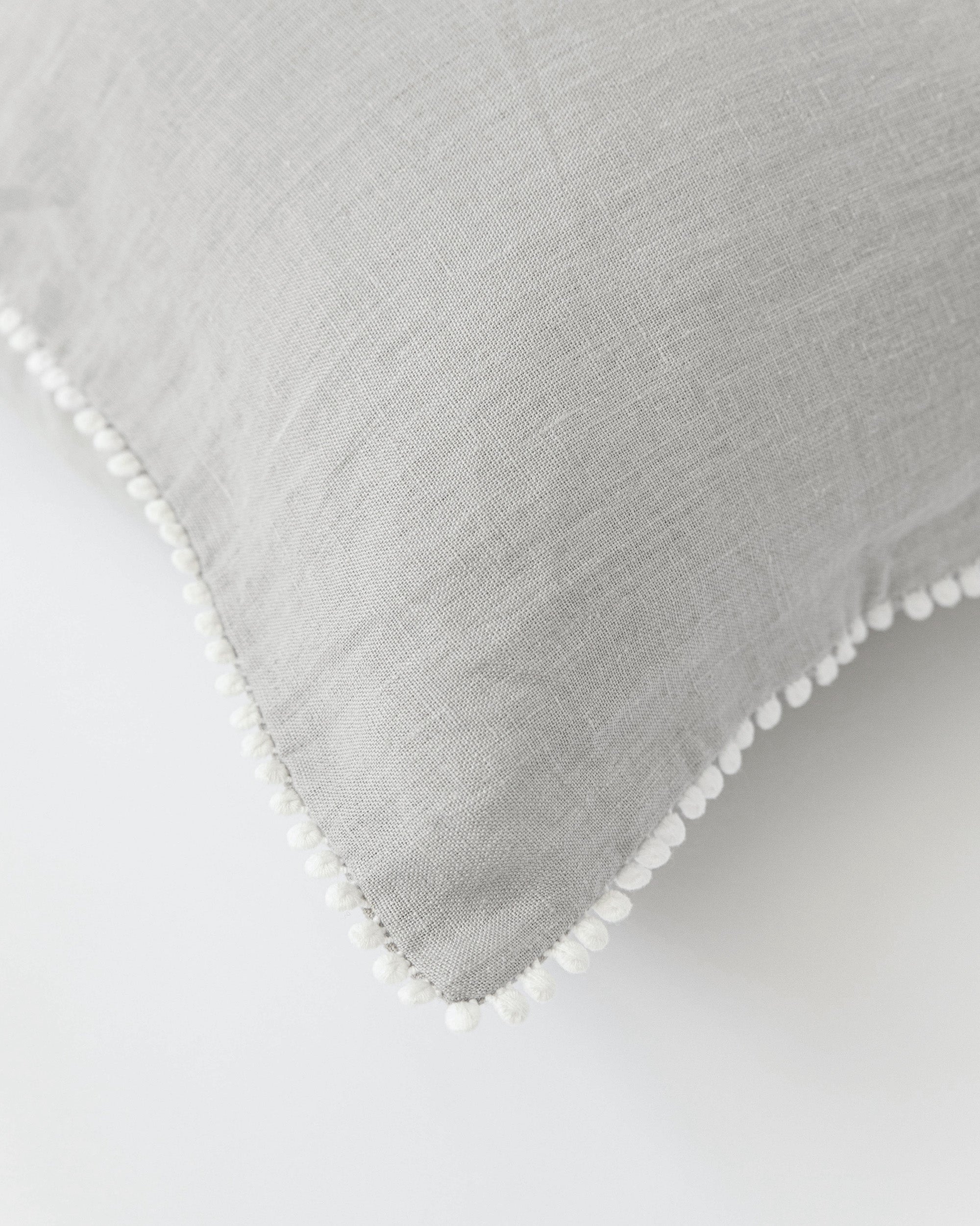 Pom pom trim linen pillowcase in Light gray