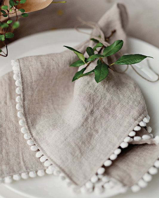 Pom pom trim linen napkin set of 2 in Natural linen