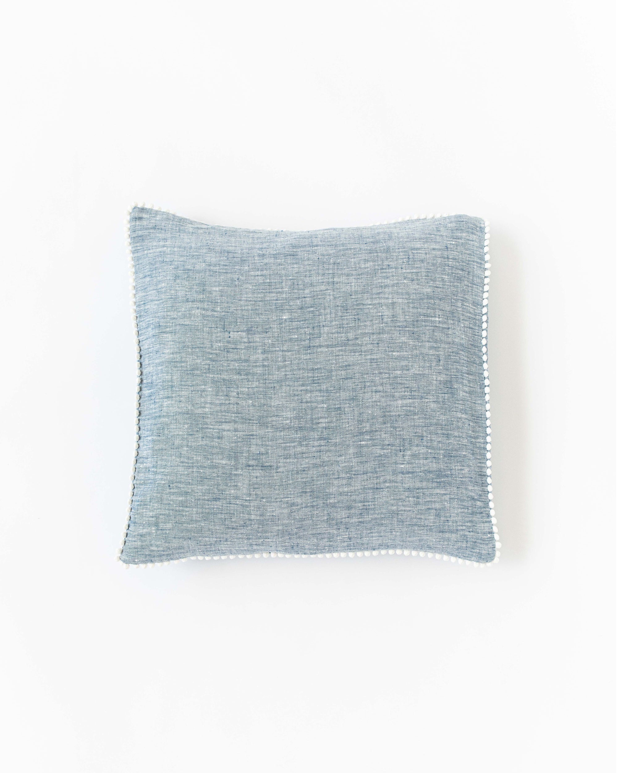 Pom pom trim linen pillowcase in Blue melange