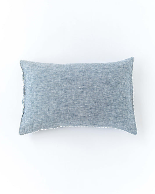 Pom pom trim linen pillowcase in Blue melange