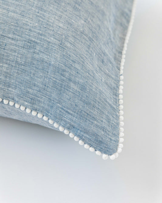 Pom pom trim linen pillowcase in Blue melange