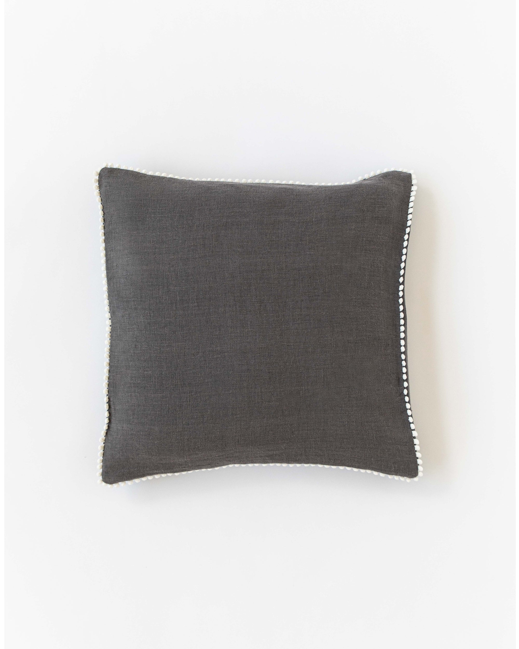 Pom pom trim linen pillowcase in Charcoal gray