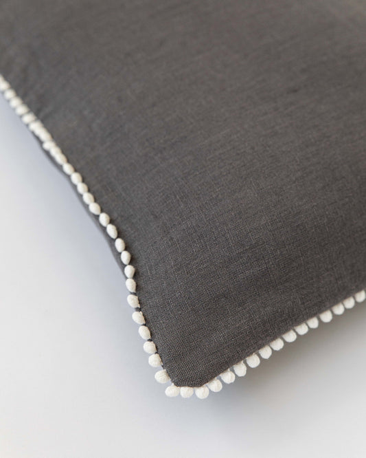 Pom pom trim linen pillowcase in Charcoal gray