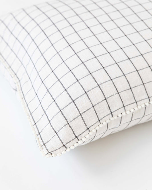 Pom pom trim linen pillowcase in Charcoal grid