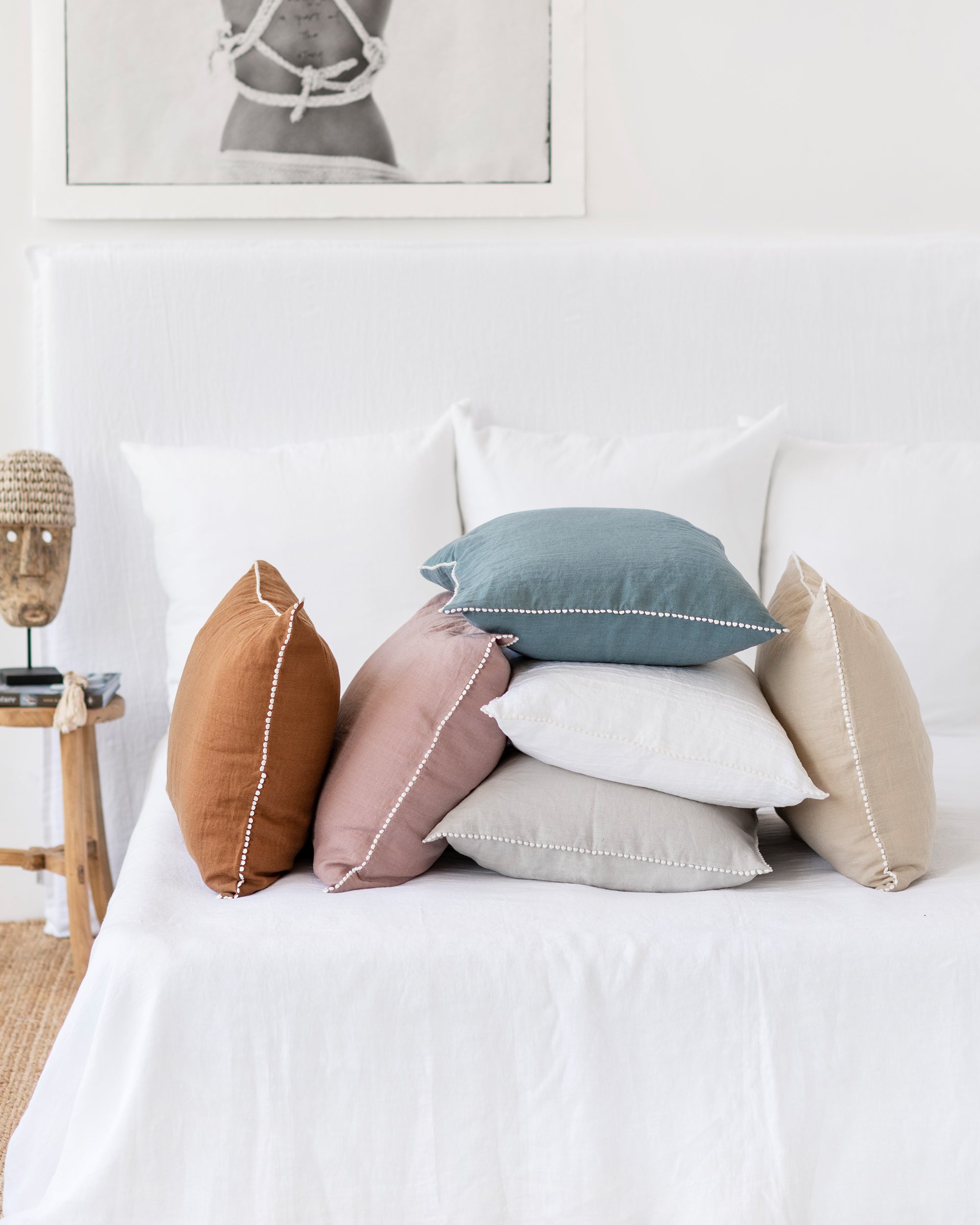 Pom pom trim linen pillowcase in Cinnamon