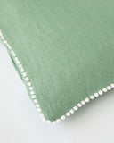 Pom pom trim linen pillowcase in Matcha green