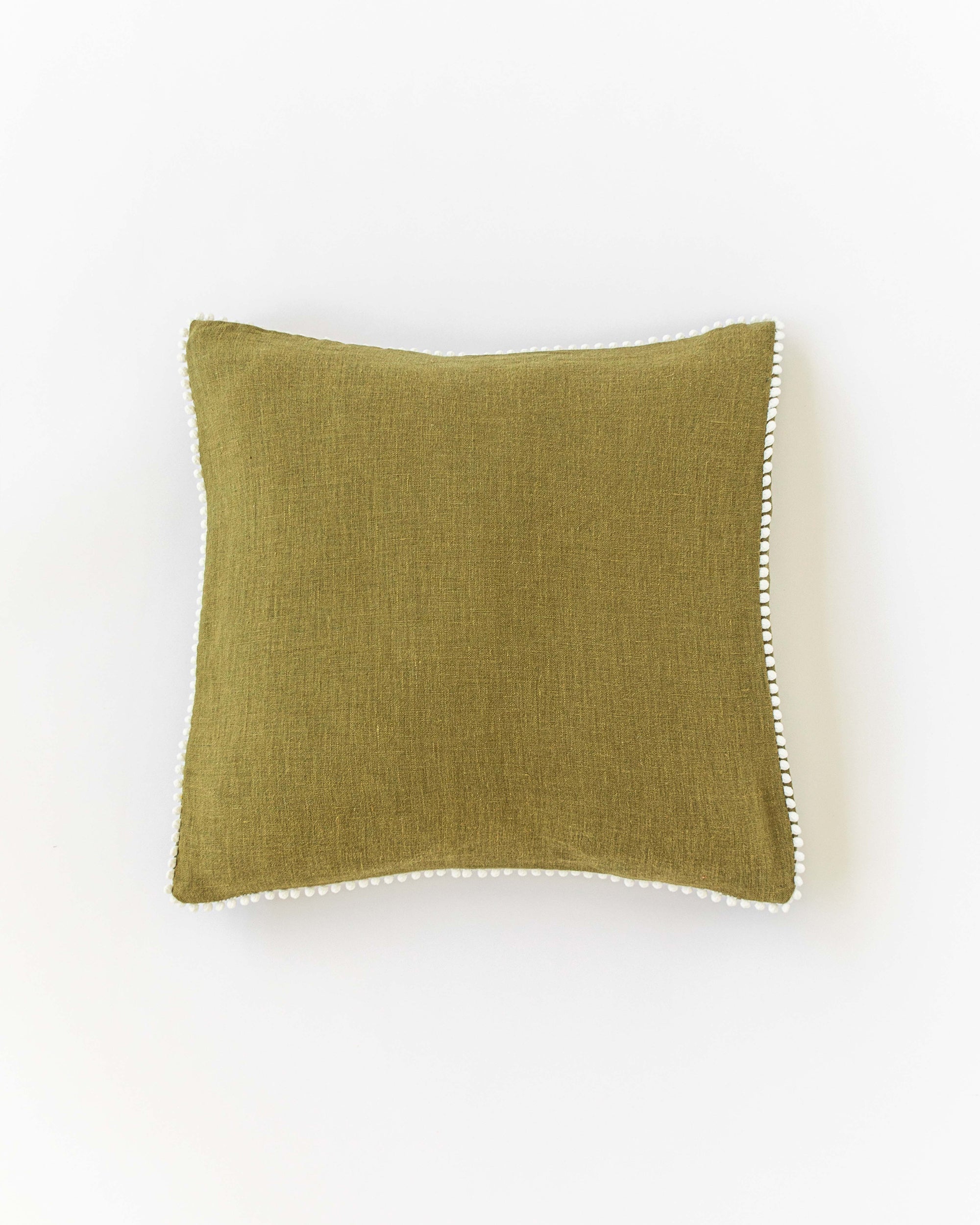 Pom pom trim linen pillowcase in Olive green