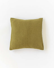 Pom pom trim linen pillowcase in Olive green