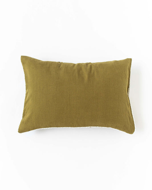 Pom pom trim linen pillowcase in Olive green