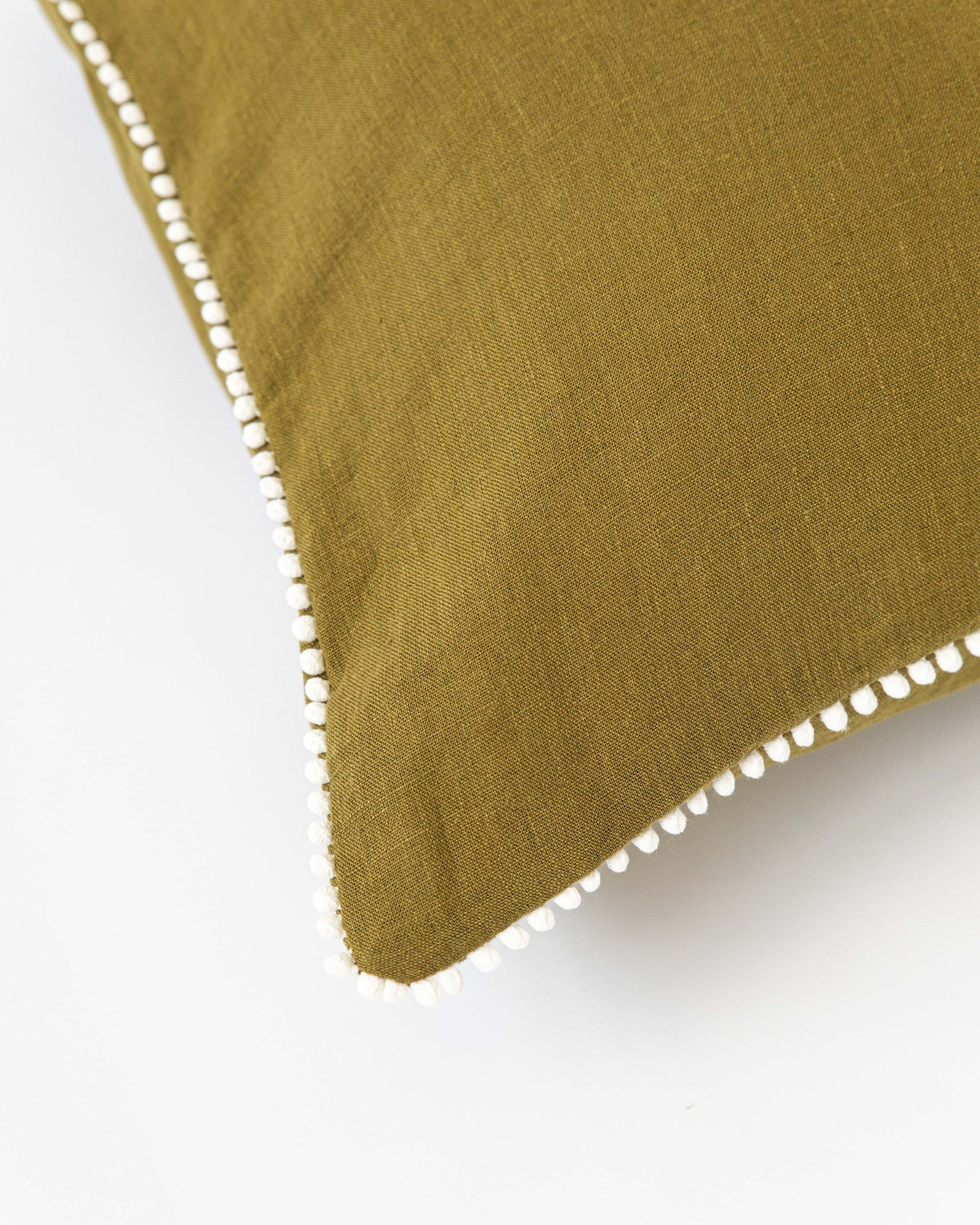 Pom pom trim linen pillowcase in Olive green