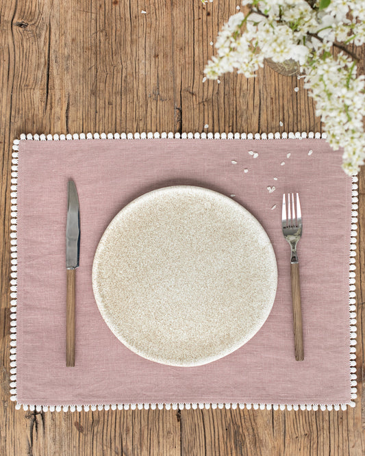 Pom pom trim linen placemat set of 2 in Woodrose