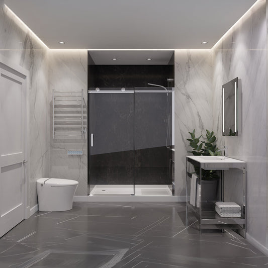 Rhodes Series 50 to 54 in. x 76 in. H Sliding Frameless Shower Door with Tsunami Guard Tempered Clear Glass