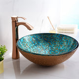 Chrona Series 17 in. Round Bathroom Vessel Sink with Stain-Resistant Non-Porous Surface in Gold/Cyan Mix Finish Glass