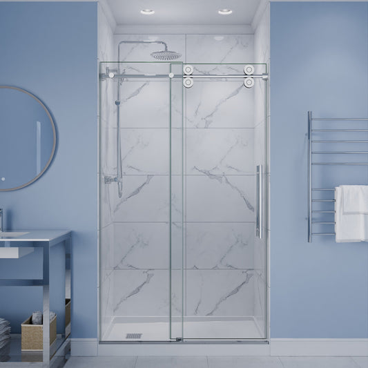 Ozean Series 44 to 48 in. x 76 in. Frameless Shower Door with Sliding with Tsunami Guard Tempered Clear Glass