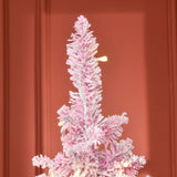 HOMCOM 6ft Prelit Snow Flocked Artificial Christmas Tree with Pencil Shape, Pine Realistic Branches, Warm White LED lights, Auto Open, Pink and White