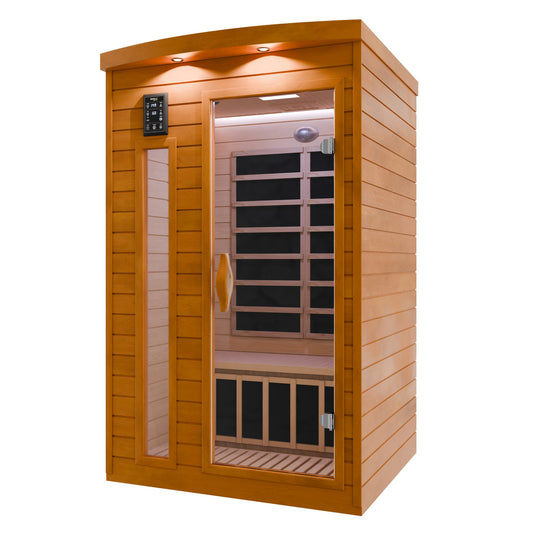 2-Person Indoor Cabin Sauna in Hemlock with Infrared Heating Panels, Tempered Glass Door, and Chromotherapy Lighting