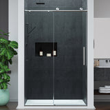 Mountain 48 in. W x 76 in. H Reversible Frameless Sliding Glass Shower Door with Soft-Close System - Multiple Finishes