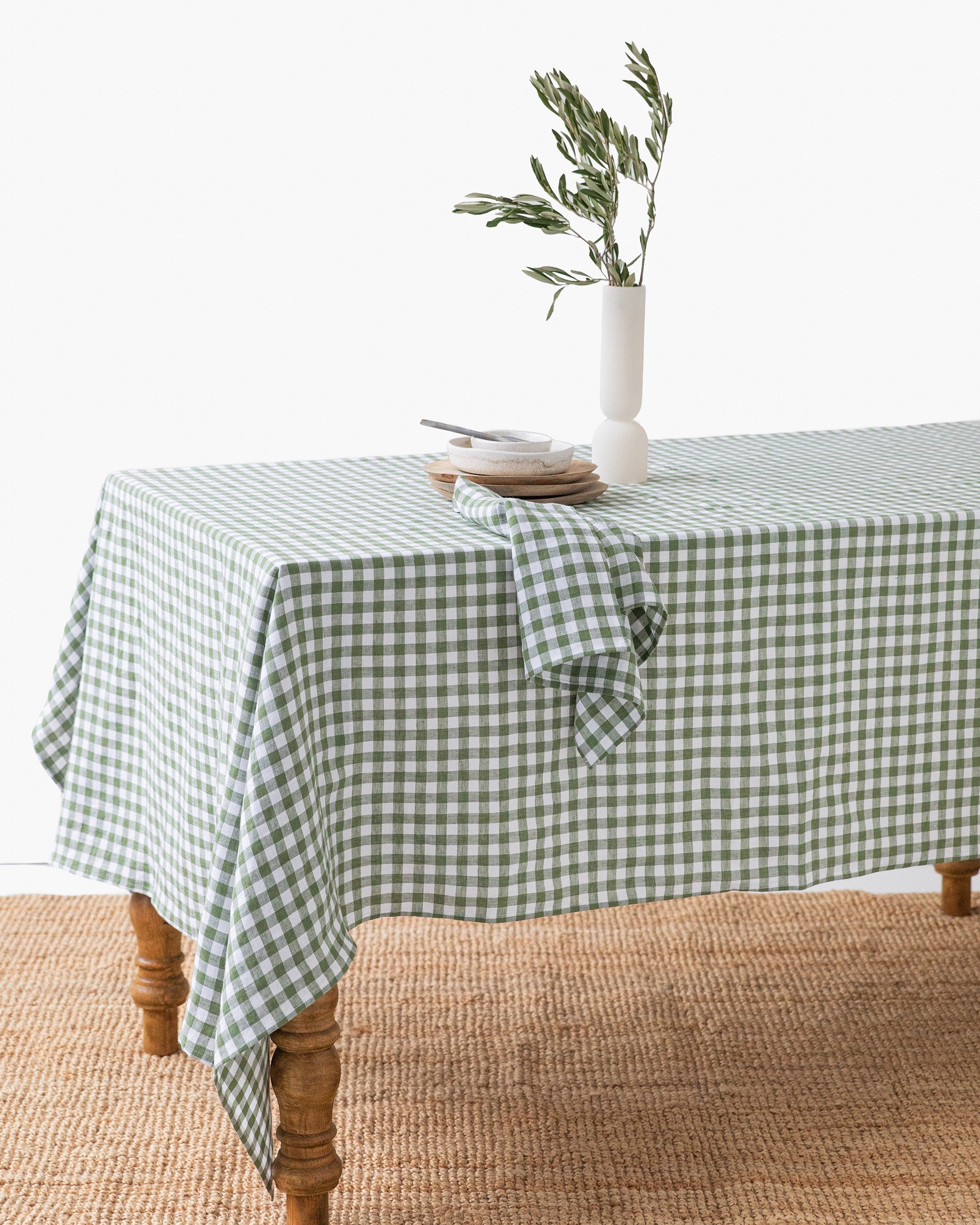 Forest green gingham linen tablecloth