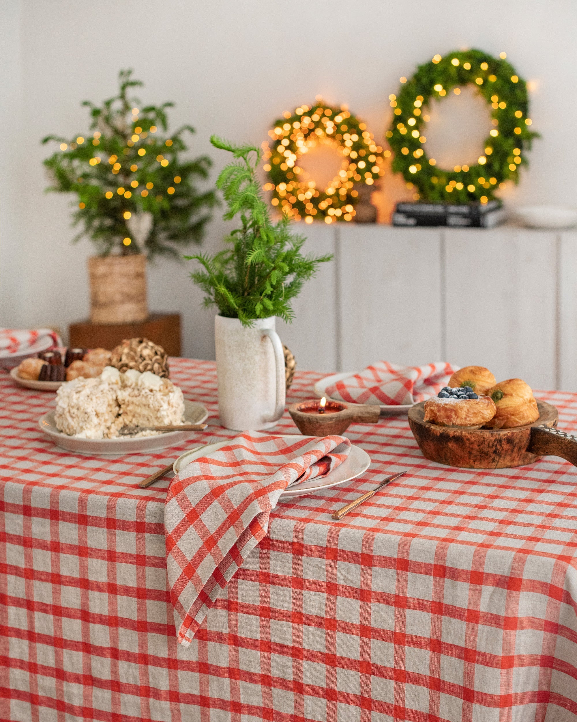 Red gingham linen tablecloth